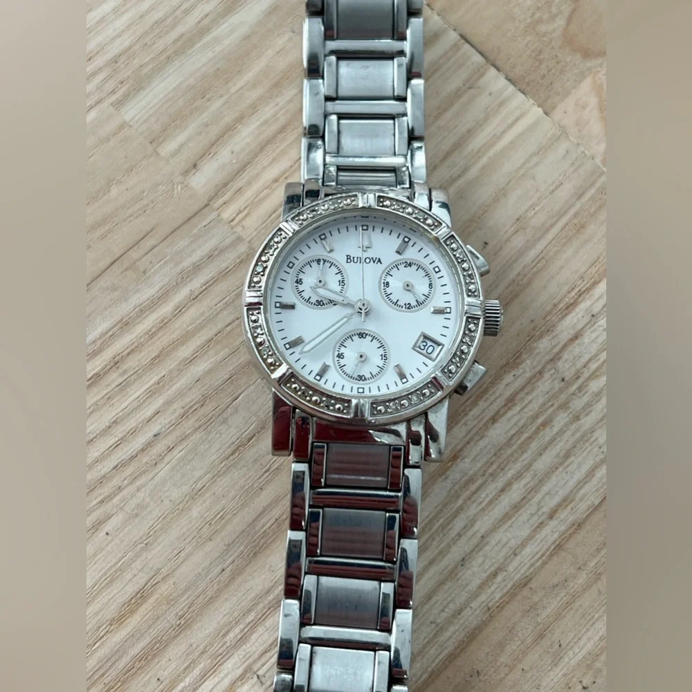 Bulova Diamond Chronograph Ladies Watch Mother of Pearl Dial Stainless Bracelet